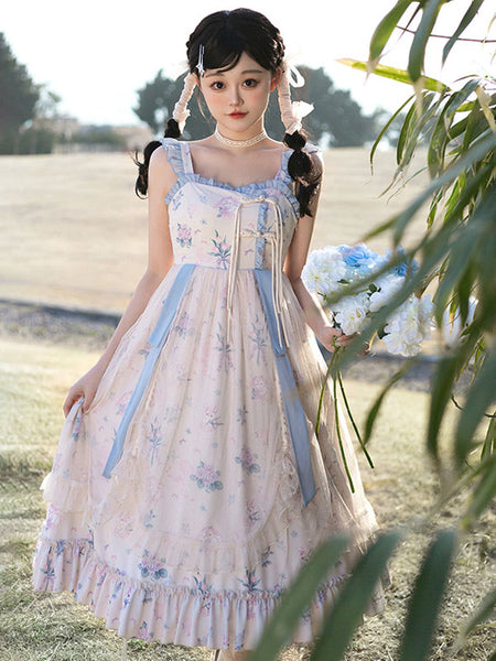 Japanese Style Lolita Costumes Lolita Dresses Polyester Ruffles Floral Print Chinese Style Sleeveless Ecru White