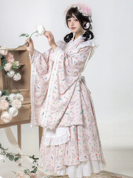 Japanese Style Lolita Costumes Lolita Dresses Polyester Ruffles Floral Print Kimono Long Sleeves Pink