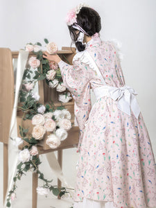 Japanese Style Lolita Costumes Lolita Dresses Polyester Ruffles Floral Print Kimono Long Sleeves Pink