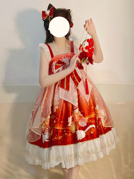 Japanese Style Lolita Costumes Lolita Dresses Polyester Ruffles Floral Print Kimono Sleeveless Red