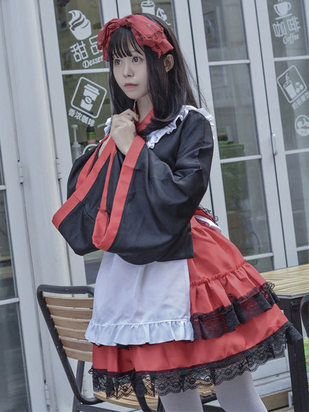 Japanese Style Maid Lolita Costumes Lolita Dresses Polyester Ruffles Kimono Long Sleeves Dress