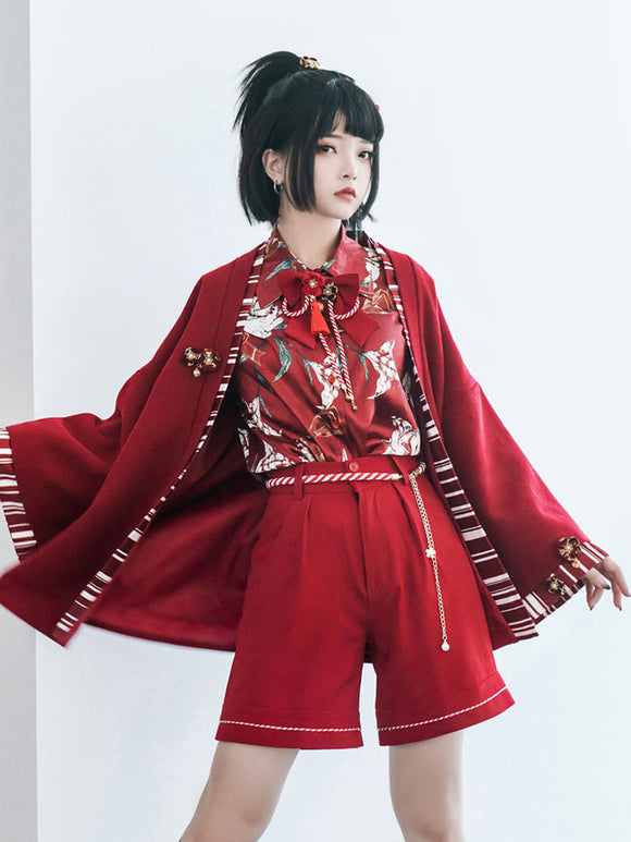 Kimono Lolita Blouses Red Long Sleeves Lolita Top Floral Print Lolita Shirt