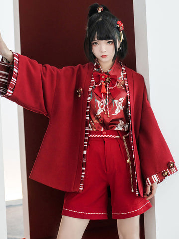 Kimono Lolita Coats Red Flowers Polyester Overcoat Coat Stripes Summer Lolita Outwears