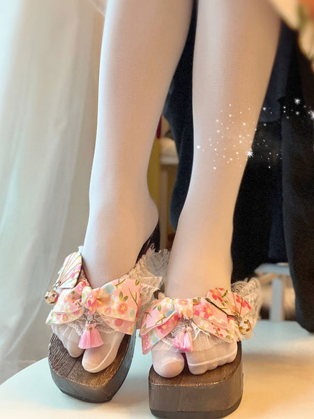 Kimono Lolita Sandals Pink Lace Floral Print Polyester Square Toe Lolita Summer Shoes
