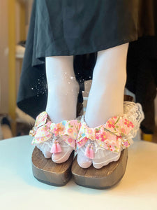 Kimono Lolita Sandals Pink Lace Floral Print Polyester Square Toe Lolita Summer Shoes
