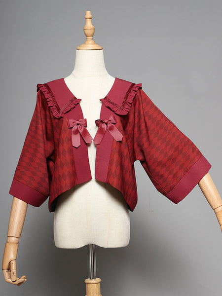 Kimono Red Long Sleeves Ruffles Plaid