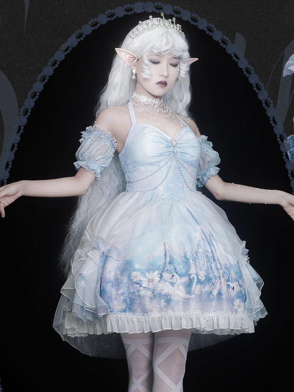 Lolita Dresses Tea Party Style Lolita Skirt Bows Sleeveless Polyester Classic Animal Print Light Sky Blue