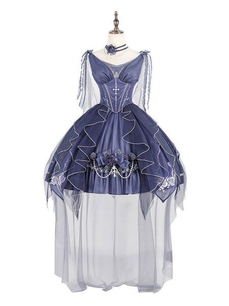 Lolita Dresses Tea Party Style Lolita Skirt Chains Sleeveless Polyester Lolita Wedding Dress Polka Dot Deep Blue