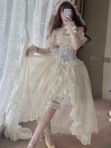 Lolita Dresses Tea Party Style Lolita Skirt Lace Short Sleeves Polyester Sweet Light Sky Blue