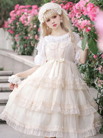 Lolita Dresses Tea Party Style Lolita Skirt Pearls Sleeveless Polyester Sweet Light Apricot