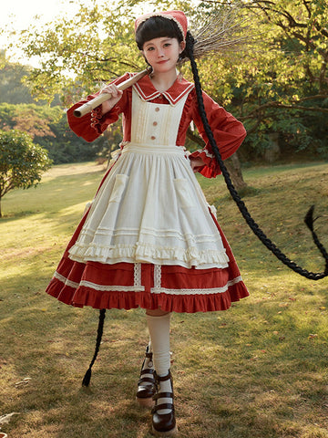 Lolita Dresses Tea Party Style Lolita Skirt Ruffles Long Sleeves Cotton Linen Pastoral Style Red