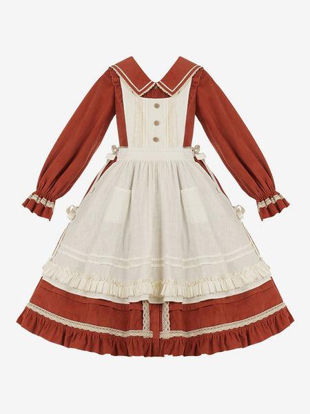 Lolita Dresses Tea Party Style Lolita Skirt Ruffles Long Sleeves Cotton Linen Pastoral Style Red