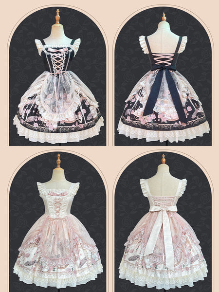 Lolita Dresses Tea Party Style Lolita Skirt Ruffles Sleeveless Jacquard ROCOCO Style Floral Print Apricot