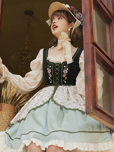 Lolita Dresses Tea Party Style Lolita Skirt Ruffles Sleeveless Polyester Pastoral Style Floral Print Light Green