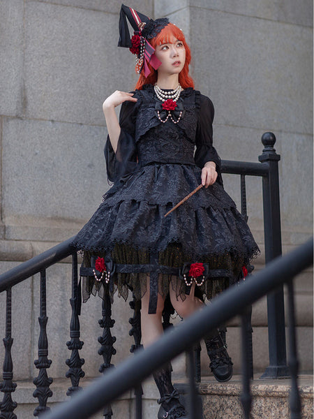 Lolita Specials Lolita Top Vest Costumes Athletic Lolita Black Sleeveless Floral Print