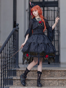 Lolita Specials Lolita Top Vest Costumes Athletic Lolita Black Sleeveless Floral Print