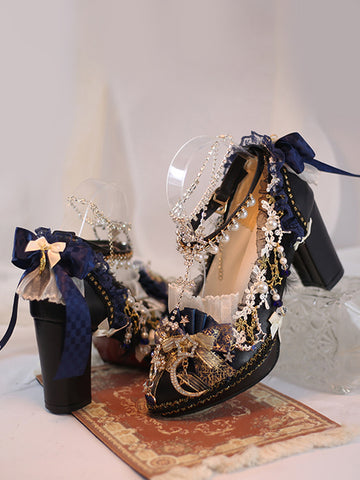 Lolita Wedding Dress Lolita Footwear Ecru White Lace Flowers Chains PU Leather Chunky Heel Lolita Shoes