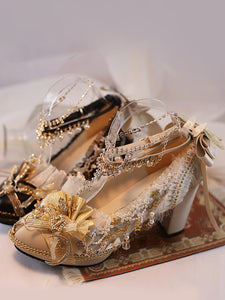 Lolita Wedding Dress Lolita Footwear Ecru White Lace Flowers Chains PU Leather Chunky Heel Lolita Shoes