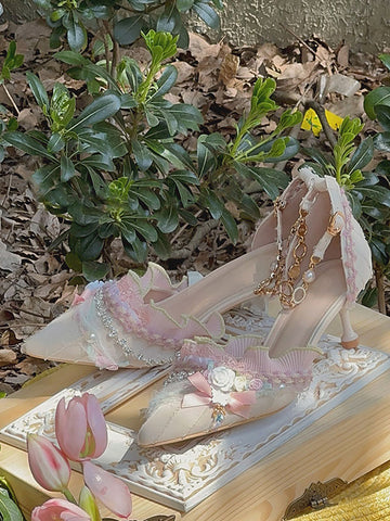 Lolita Wedding Dress Lolita Footwear Light Green Ruffles Flowers Bows Textile Stiletto Heel Lolita Shoes
