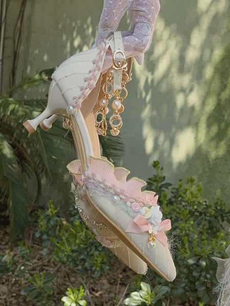 Lolita Wedding Dress Lolita Footwear Light Green Ruffles Flowers Bows Textile Stiletto Heel Lolita Shoes