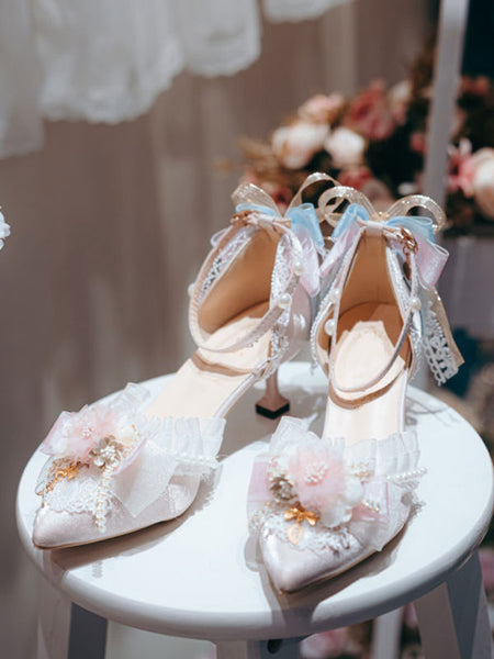 Lolita Wedding Dress Lolita Footwear Pink Flowers Lace Ruffles Pointed Toe Satin Lolita Pumps