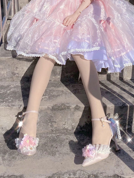 Lolita Wedding Dress Lolita Footwear Pink Flowers Lace Ruffles Pointed Toe Satin Lolita Pumps