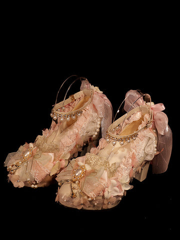 Lolita Wedding Dress Lolita Footwear Pink Pearls Bows Fringe PU Leather Chunky Heel Lolita Pumps