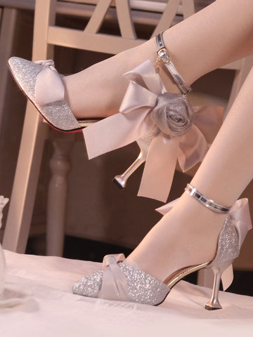 Lolita Wedding Dress Lolita Footwear Silver Bows Rose Stiletto Heel Lolita Shoes
