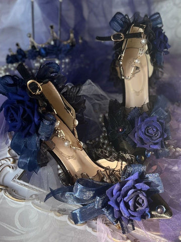 Lolita Wedding Dress Lolita Sandals Bows Flowers Pearls Pointed Toe Elastic Fabric Deep Blue Lolita Summer Shoes