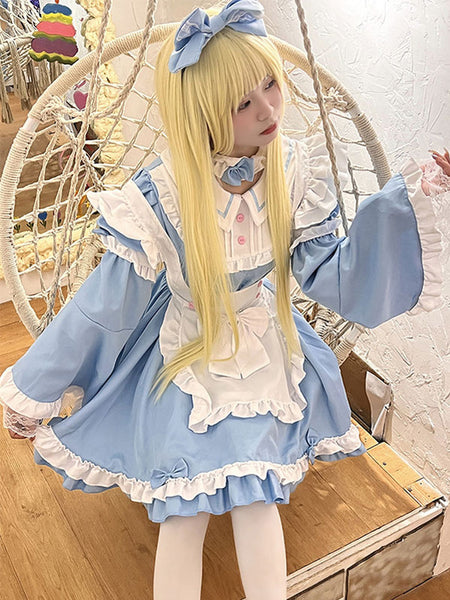 Maid Lolita Dress Polyester Long Sleeves Blue Lolita Dress