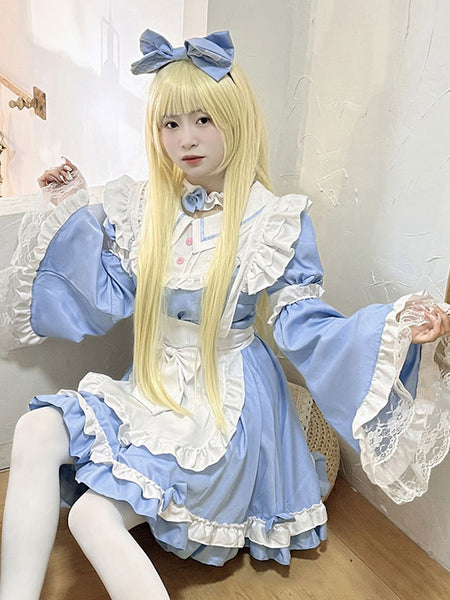 Maid Lolita Dress Polyester Long Sleeves Blue Lolita Dress