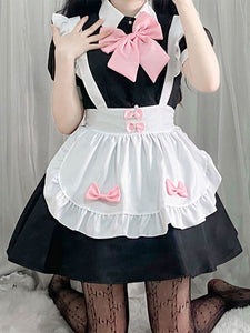 Maid Lolita Dress Polyester Pink Bow Short Sleeves Lolita Dress