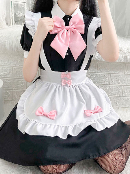 Maid Lolita Dress Polyester Pink Bow Short Sleeves Lolita Dress