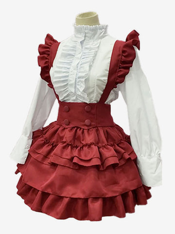 Maid Lolita Dresses Ruffles Red Long Sleeves Lolita Dress