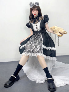 Maid Lolita Dresses Ruffles Lace Black Short Sleeves Lolita Dress