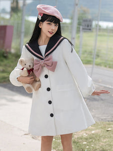 Navy Style Lolita Coats Light Sky Blue Coat Bows Overcoat Polyester Winter Lolita Outwears