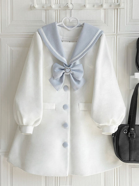 Navy Style Lolita Coats Light Sky Blue Coat Bows Overcoat Polyester Winter Lolita Outwears