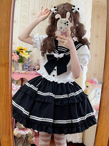 Navy Style Lolita Outfits Black Hearts Pattern Ruffles Short Sleeves Skirt Top