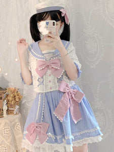 Navy Style Lolita Outfits Deep Blue Ruffles Bows Short Sleeves Top Skirt