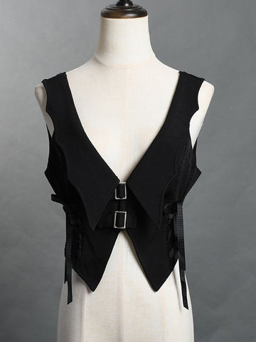 Ouji Lolita Specials Lolita Top Vest Costumes Steampunk Black Sleeveless Lace Up Metal Details
