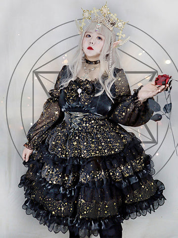 OversizedGothic Lolita Dresses Bows Ruffles Stars Print Black Black
