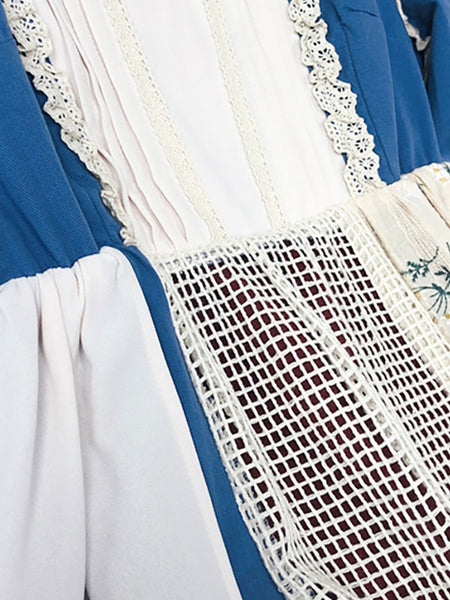 Pastoral Style Lolita OP Dress Floral Print Blue Ruffles Lace Lolita Dresses