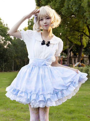 Pastoral Style Lolita SK Ruffles Light Sky Blue Floral Print Lolita Skirts