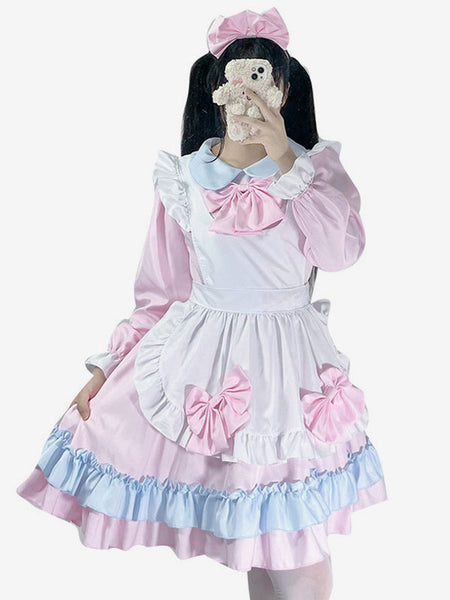 Pink Maid Dress Polyester Bow Long Sleeves Lolita Dress