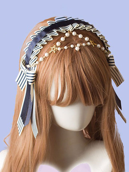 ROCOCO Style Lolita Accessories Blue Pearls Chains Polyester Headwear Stripes Miscellaneous