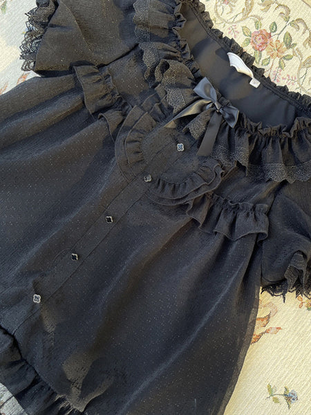 ROCOCO Style Lolita Blouses Black Short Sleeves Lace Ruffles Lolita Top Lolita Shirt