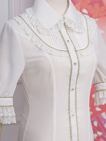 ROCOCO Style Lolita Blouses Ruffles Lace Lolita Top Half Sleeves Blouse White Lolita Shirt
