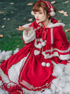 ROCOCO Style Lolita Cape Christmas Red Polyester Pom Poms Winter Lolita Outwears