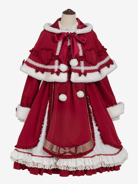 ROCOCO Style Lolita Cape Christmas Red Polyester Pom Poms Winter Lolita Outwears