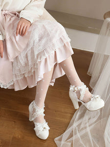 ROCOCO Style Lolita Footwear Black Bows Ruffles Pearls Round Toe PU Leather Lolita Pumps